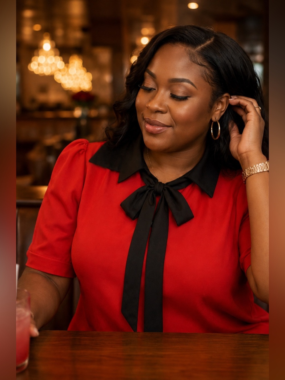 Tulip B Red V-Neck Short Sleeve Blouse with Black Contrast Collar